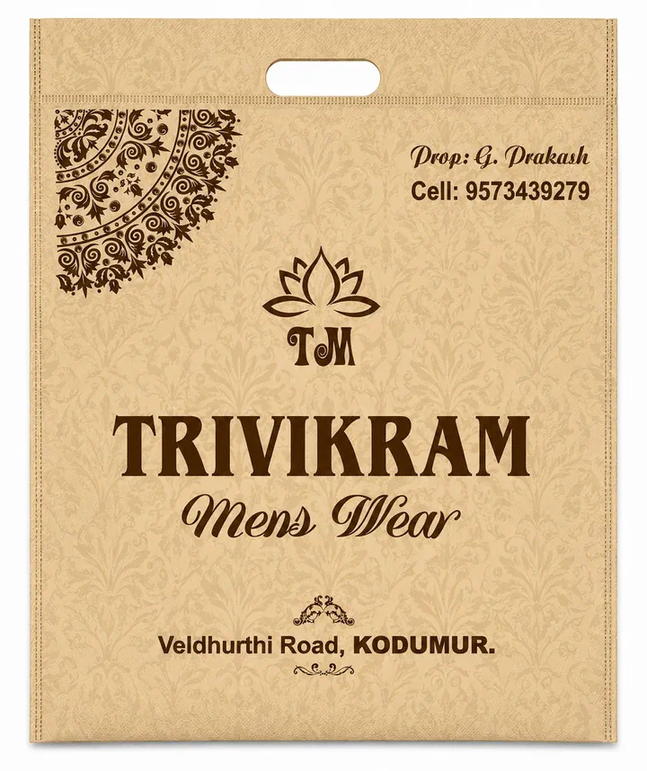 Cream 80 GSM non woven D-cut carry bag printed for a men's wear shop
