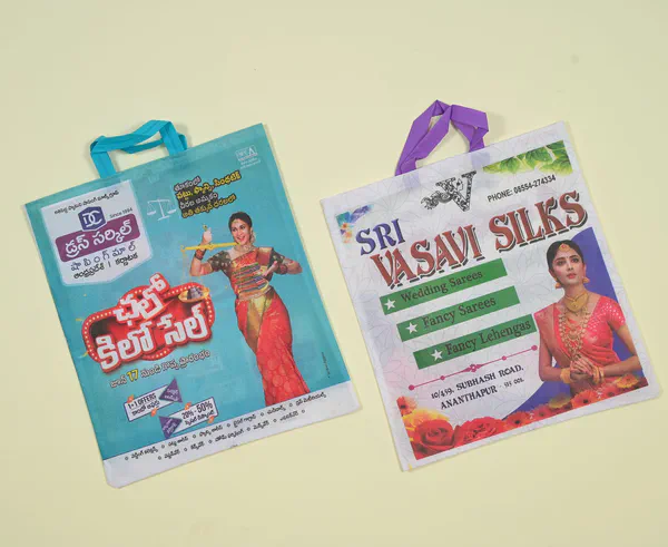 Full colour digital handle bags, one for a silk saree shop in Anantapur